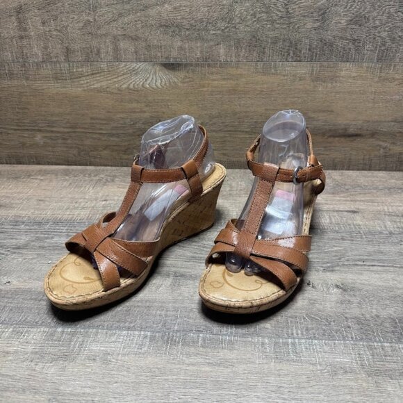 Born Brown Leather Strappy Cork Wedge Heel Sandals Women's Size 11 - Picture 1 of 7
